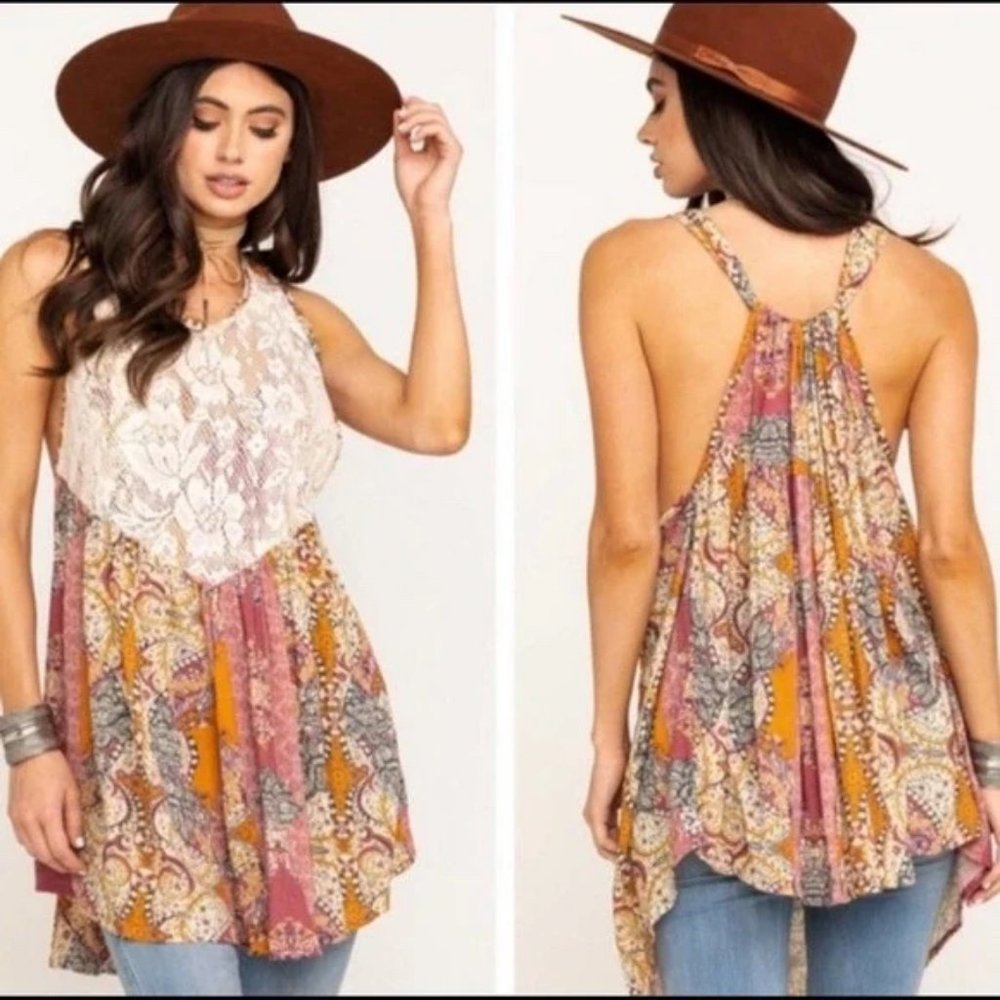 Free People Tunic Top Mini Dress  Count Me In Trapeze Lace Floral Size X-Small